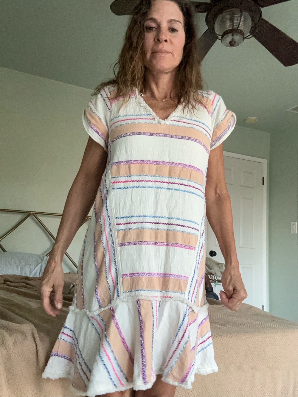 Anthropology HOLDING HORSES Cream Shift Dress with Pink and Blue Stripes